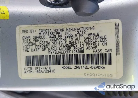 2013 Toyota Corolla L из США, поврежденный, VIN 5YFBU4EE6DP128098